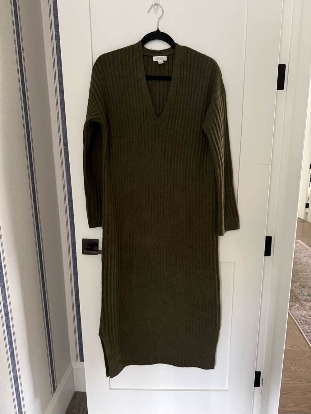 Nordstrom Olive Ribbed V-Neck Long Sleeve Sweater Knit Dress